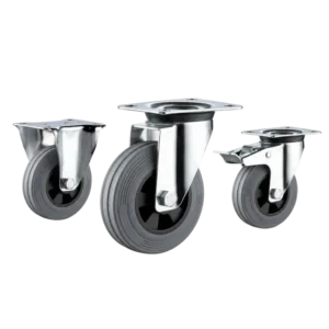Three casters with grey rubber tread black plastic core wheels in top-plate rigid, swivel and swivel with brake configurations.