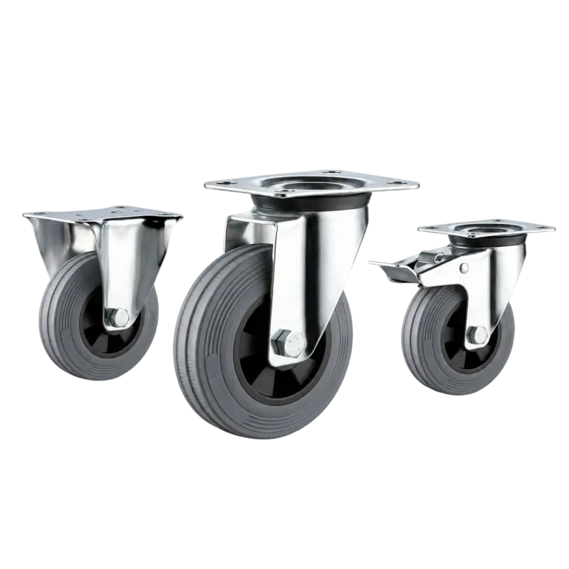 Three casters with grey rubber tread black plastic core wheels in top-plate rigid, swivel and swivel with brake configurations.