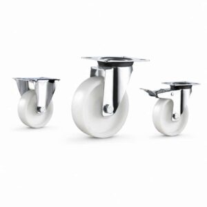 medium duty european-style casters with white wheels in top-plate rigid, swivel and swivel with brake configurations
