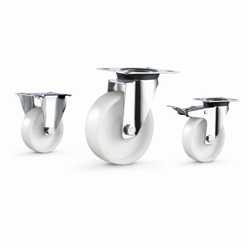 medium duty european-style casters with white wheels in top-plate rigid, swivel and swivel with brake configurations