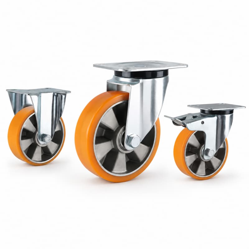 three casters with orange tread silver core wheels in top-plate rigid, swivel and swivel with brake configurations