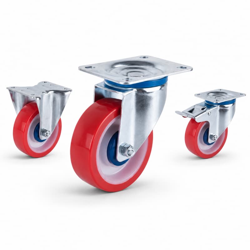 three casters with blue tread black core wheels in top-plate rigid, swivel and swivel with brake configurations