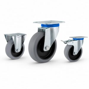 three casters with grey tread black core wheels in top-plate rigid, swivel and swivel with brake configurations