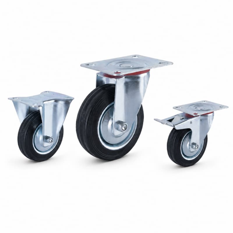 three casters with steel rim rubber wheels in top-plate rigid, swivel and swivel with brake configurations