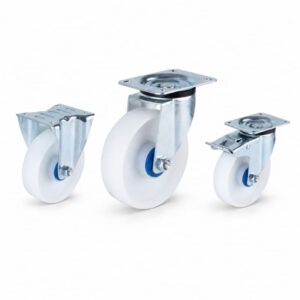 three casters with white wheels in top-plate rigid, swivel and swivel with brake configurations