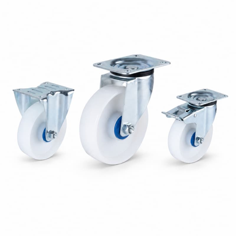 three casters with white wheels in top-plate rigid, swivel and swivel with brake configurations