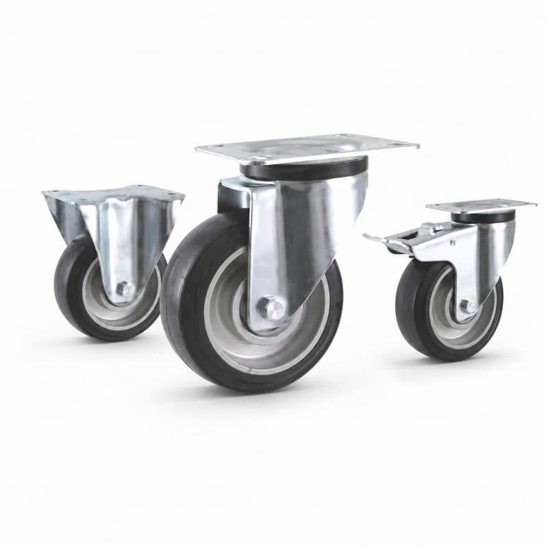 three casters with black tread silver core wheels in top-plate rigid, swivel and swivel with brake configurations