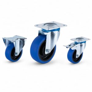 three casters with blue tread black core wheels in top-plate rigid, swivel and swivel with brake configurations