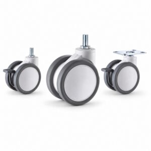 Medical casters with plate, threaded-stem and grip ring-stem mounting configurations.