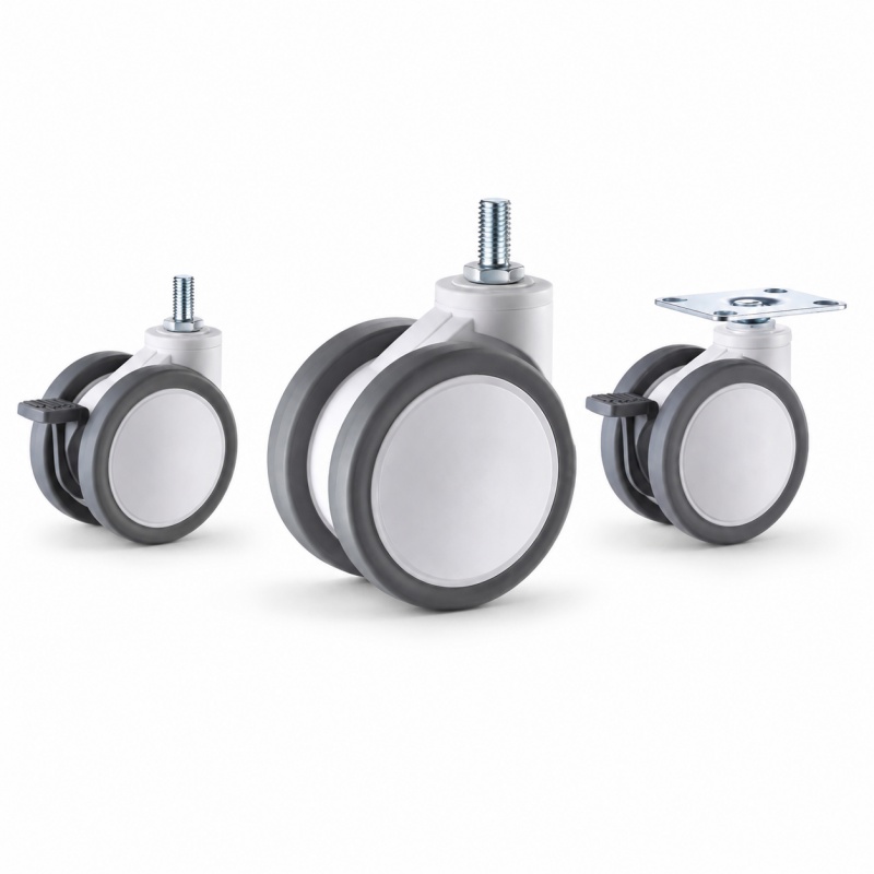 Medical casters with plate, threaded-stem and grip ring-stem mounting configurations.