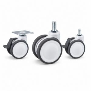 Medical casters with plate, threaded-stem and grip ring-stem mounting configurations.