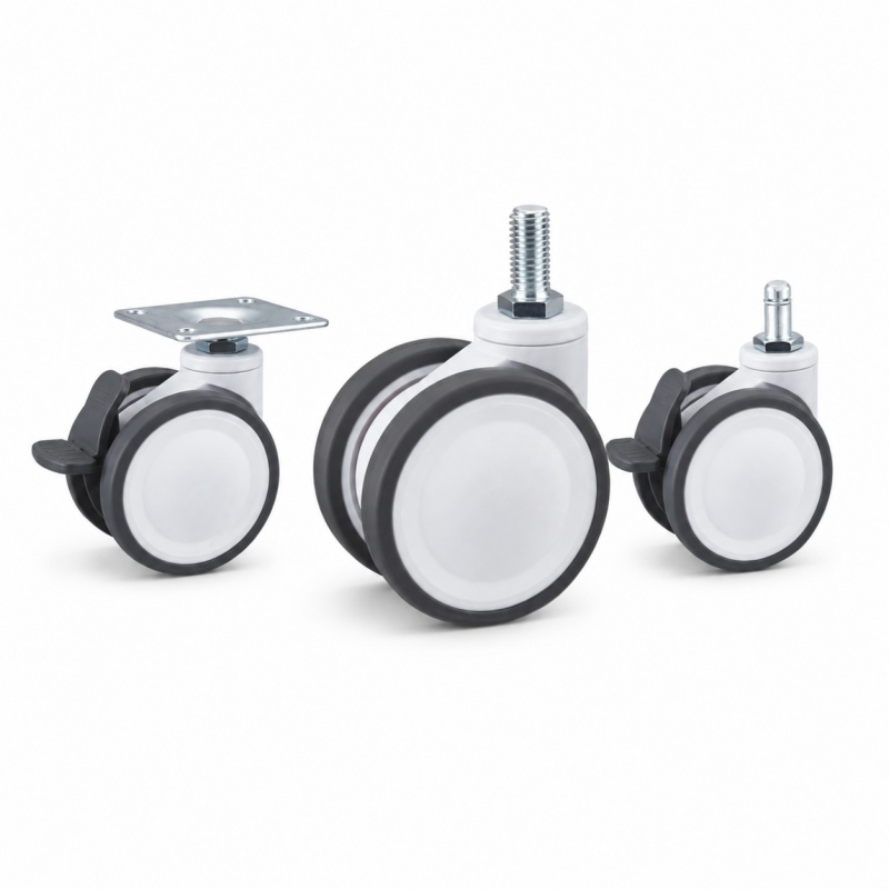 Medical casters with plate, threaded-stem and grip ring-stem mounting configurations.