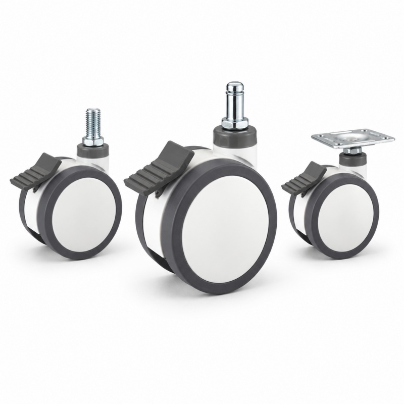 Medical casters with plate, threaded-stem and grip ring-stem mounting configurations.