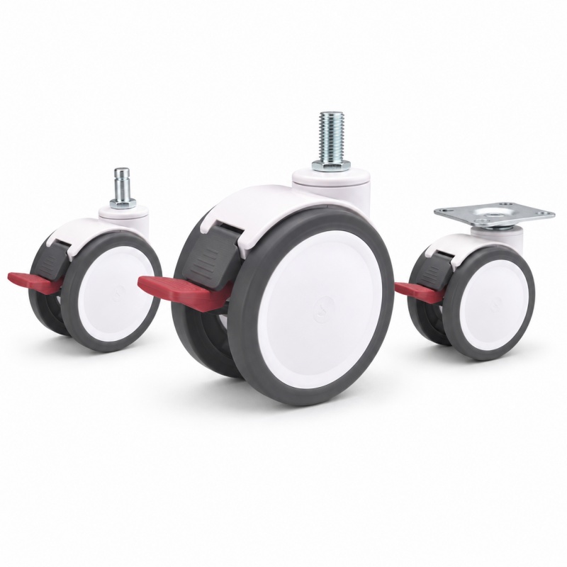 Medical casters with plate and threaded-stem mounting configurations.
