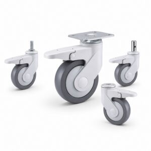 Medical casters with plate, threaded-stem and solid-stem mounting configurations.