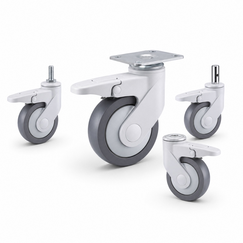 Medical casters with plate, threaded-stem and solid-stem mounting configurations.