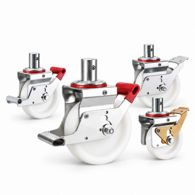 four scaffolding casters with white wheel and solid stem in swivel with brake configurations and silver color metal bracket.