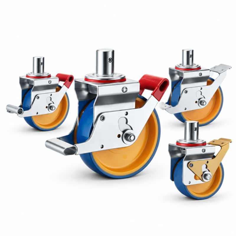 four scaffolding casters with blue tread yellow core wheel and solid stem in swivel with brake configurations and silver color metal bracket.