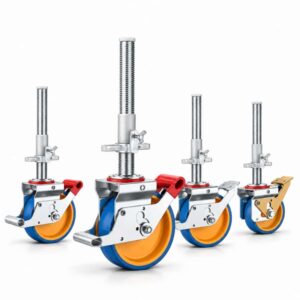 four scaffolding casters with blue tread yellow core wheel and steel rod in swivel with brake configurations and silver color metal bracket.