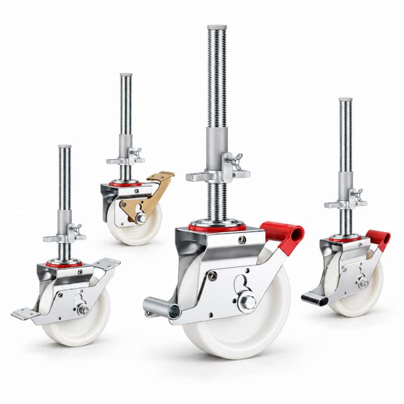 four scaffolding casters with white wheel and steel rod in swivel with brake configurations and silver color metal bracket.