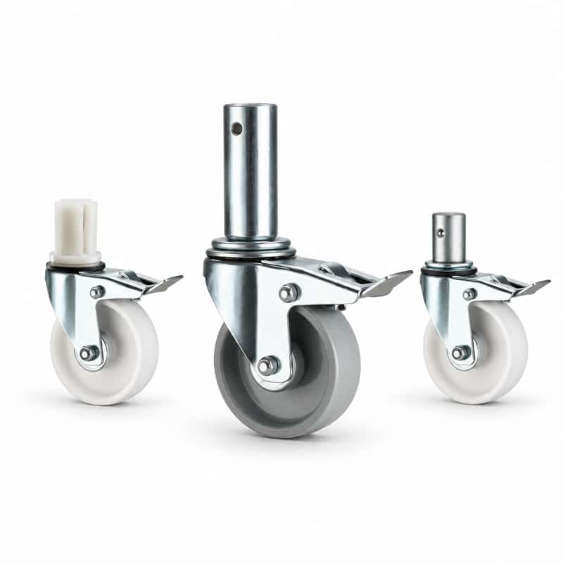 three scaffolding casters with white or grey wheel in swivel with brake configurations, tube, stem and expander fittings, and silver color metal bracket.