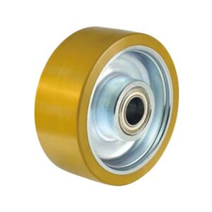 a yellow tread silver core individual wheel with bearing.