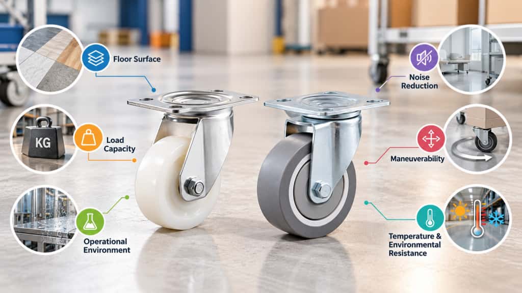 Industrial caster selection infographic covering floor, load, environment, noise, maneuverability and temperature