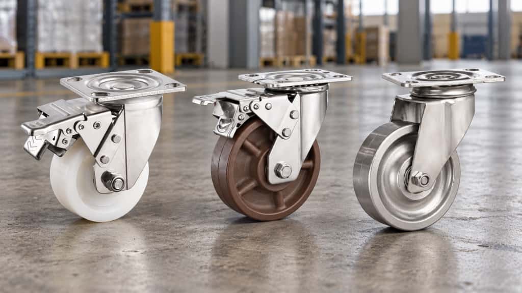three casters with white, brown and silver color wheels in top-plate swivel and swivel with brake configurations on a concrete ground surface