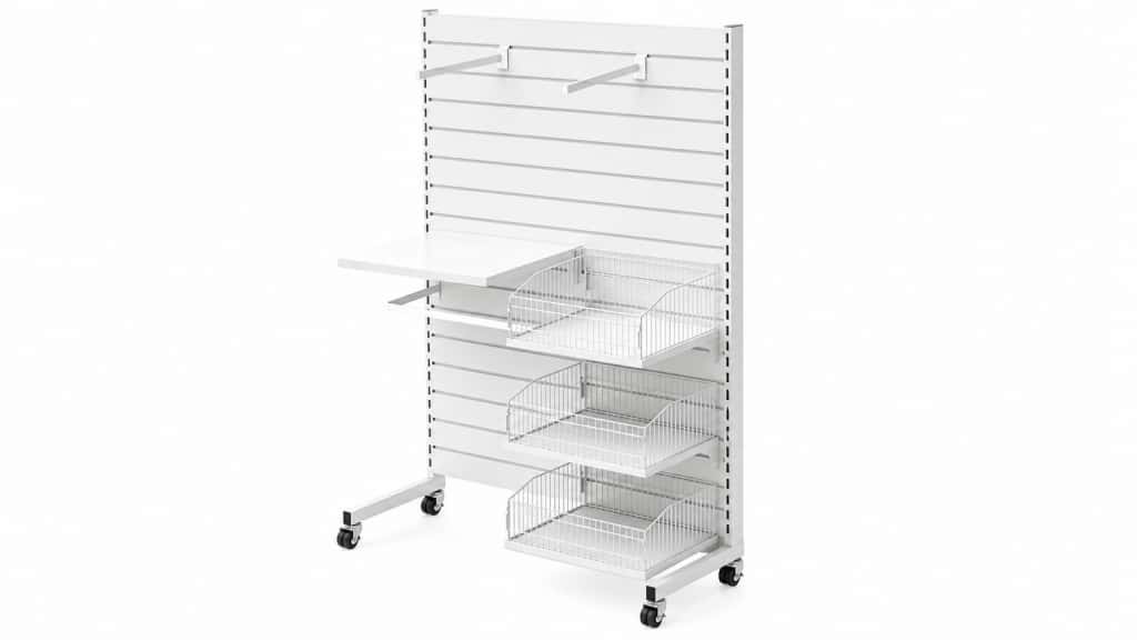a white color retail display rack fitted with small swivel casters.