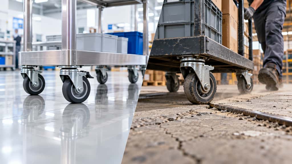 Casters operating on smooth factory and rough outdoor floors.