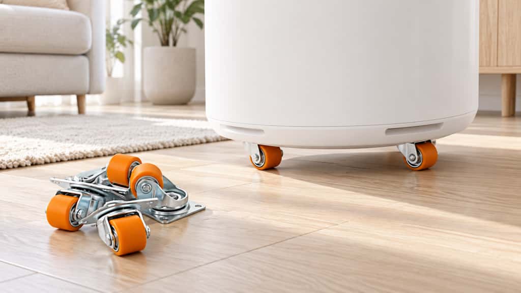 White waste bin fitted with small orange swivel casters on a wood floor