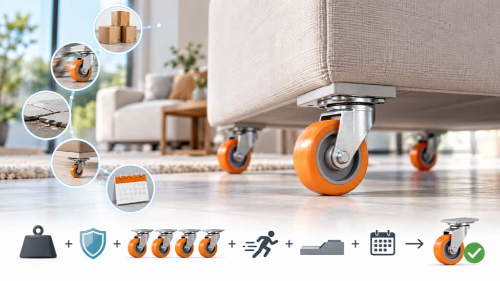 Sofa fitted with orange swivel casters beside a caster selection infographic