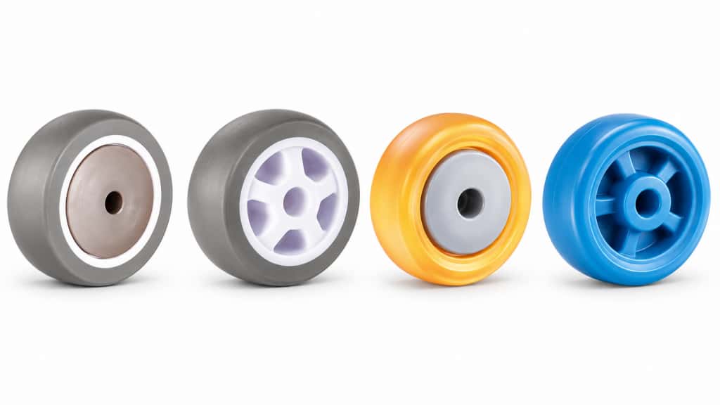 Small wheels with varied tread colors and hub designs.