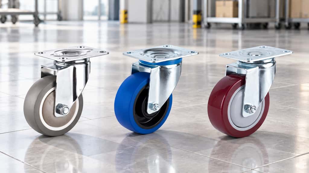 three casters with red, brown and blue color wheels in top-plate swivel and swivel with brake configurations on tile floor.