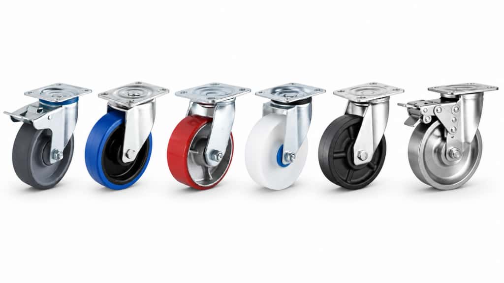 six casters with red, blue, grey, silver and black color wheels in top-plate swivel and swivel with brake configurations.